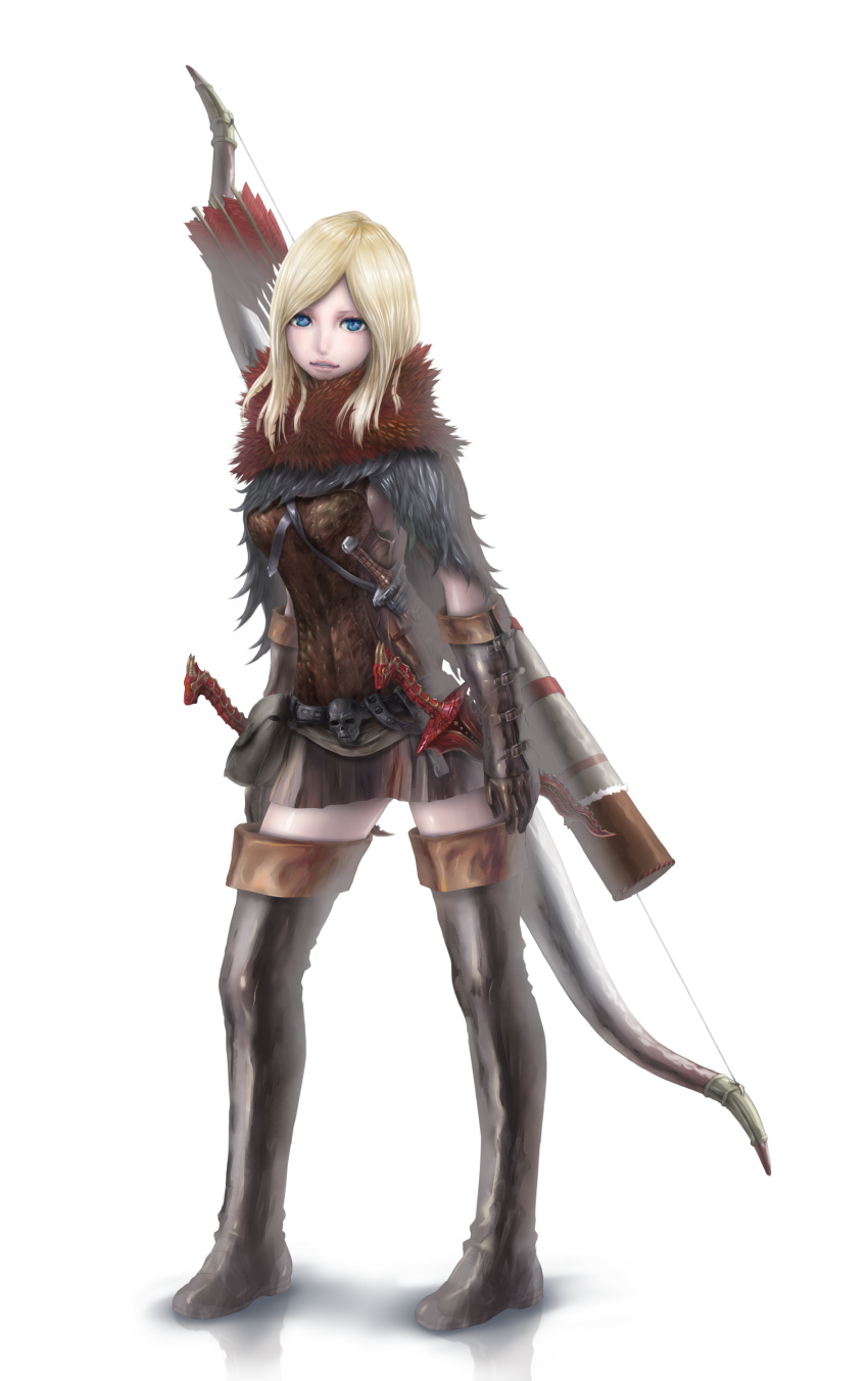 1girl absurdres bangs black_gloves blonde_hair blue_eyes boots bow_(weapon) breastplate cloak dagger dragon's_dogma elbow_gloves gloves highres lips long_hair over_shoulder parted_bangs pawn_(dragon's_dogma) pikoroo quiver reflective_floor solo thigh-highs thigh_boots weapon weapon_over_shoulder white_background zettai_ryouiki