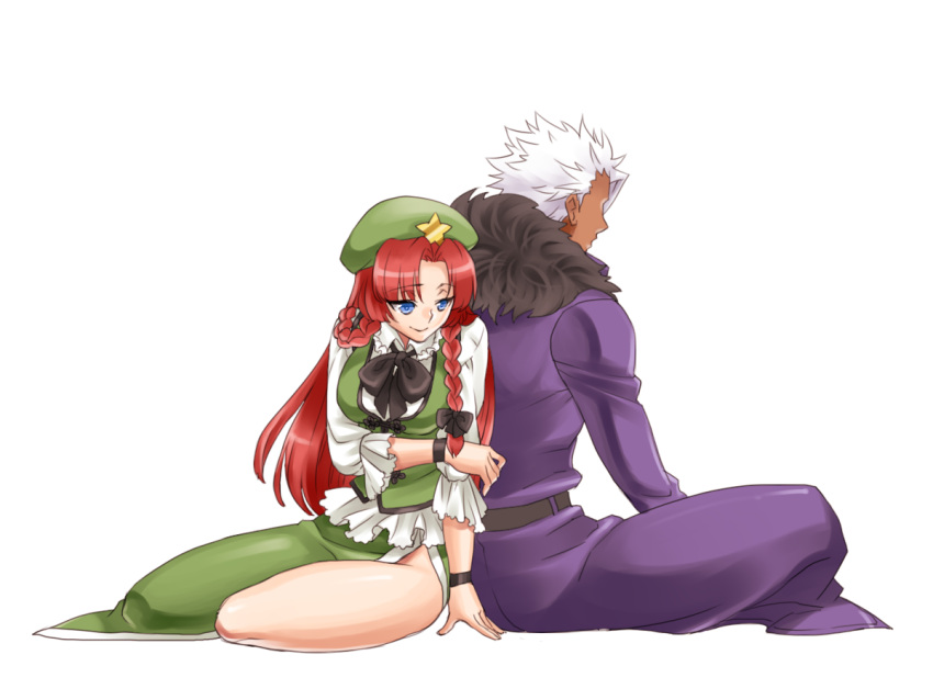 1boy 1girl blue_eyes braid couple crossover dark_skin esaka hat hong_meiling king_of_fighters krizalid long_hair m.u.g.e.n redhead short_hair smile touhou twin_braids white_hair