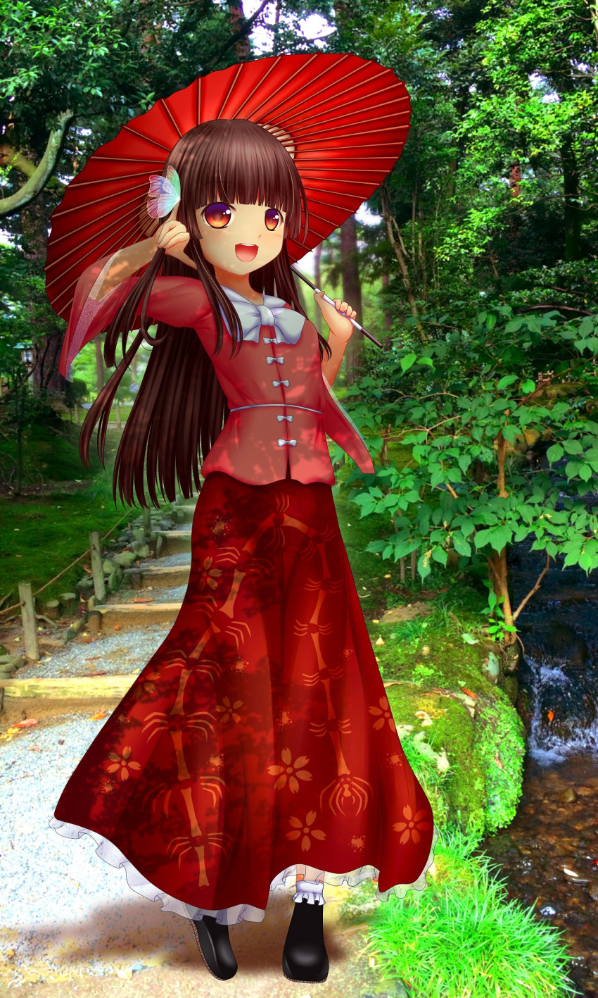 1girl brown_hair butterfly_on_hand floral_print forest frilled_skirt frills hand_in_hair highres hime_cut houraisan_kaguya japanese_clothes long_hair long_skirt looking_at_viewer nature open_mouth oriental_umbrella pinky_out red_eyes river shounen_(hogehoge) skirt solo stairs touhou umbrella