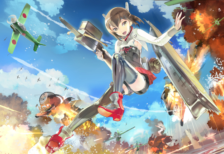 119 1girl :d airplane bike_shorts blue_sky bow_(weapon) brown_eyes brown_hair crossbow explosion flight_deck ha-class_destroyer headband holding kantai_collection looking_at_viewer machinery open_mouth pleated_skirt shinkaisei-kan short_hair skirt sky smile solo taihou_(kantai_collection) weapon