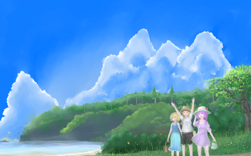 3girls alice_margatroid alternate_costume alternate_hairstyle arms_up bag beach bird black_shorts blonde_hair blue_dress blue_eyes blue_sky bow braid bush cirno clouds commentary_request crescent_moon dress forest grass hair_bow hairband hands_up happy hat hat_bow hat_ornament hitsuji_(bluesheep) jewelry kirisame_marisa lake long_hair looking_to_the_side looking_up moon multiple_girls nature necklace open_mouth patchouli_knowledge path picnic_basket purple_dress road satchel scarlet_devil_mansion scenery shirt short_dress short_hair shorts single_braid sky smile sundress t-shirt teeth touhou tree twintails violet_eyes white_shirt wind wristband