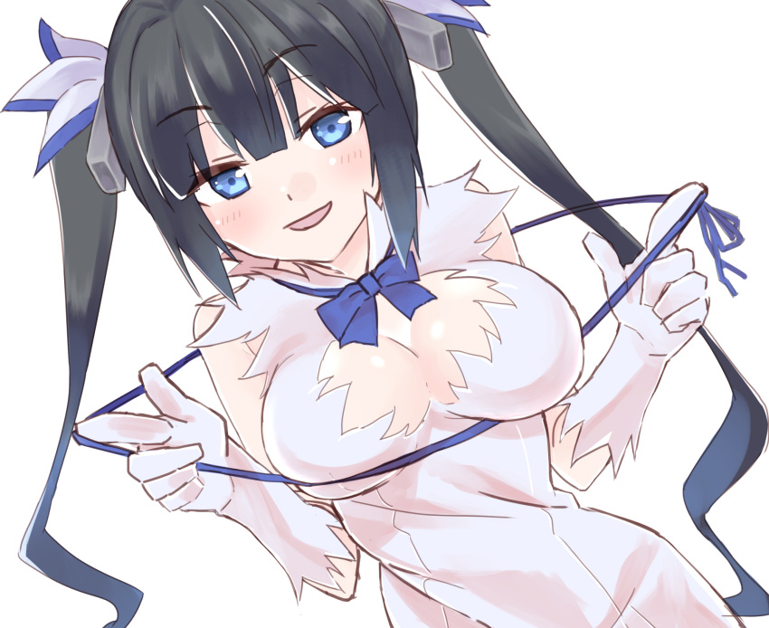 1girl arm_ribbon black_hair blue_eyes blue_ribbon blush bow breasts cleavage cleavage_cutout dress dungeon_ni_deai_wo_motomeru_no_wa_machigatteiru_darou_ka dutch_angle gloves hair_ornament hair_ribbon hestia_(danmachi) highres large_breasts long_hair looking_at_viewer megumegu_hosi_117 rei_no_himo ribbon smile smug solo twintails white_dress white_gloves