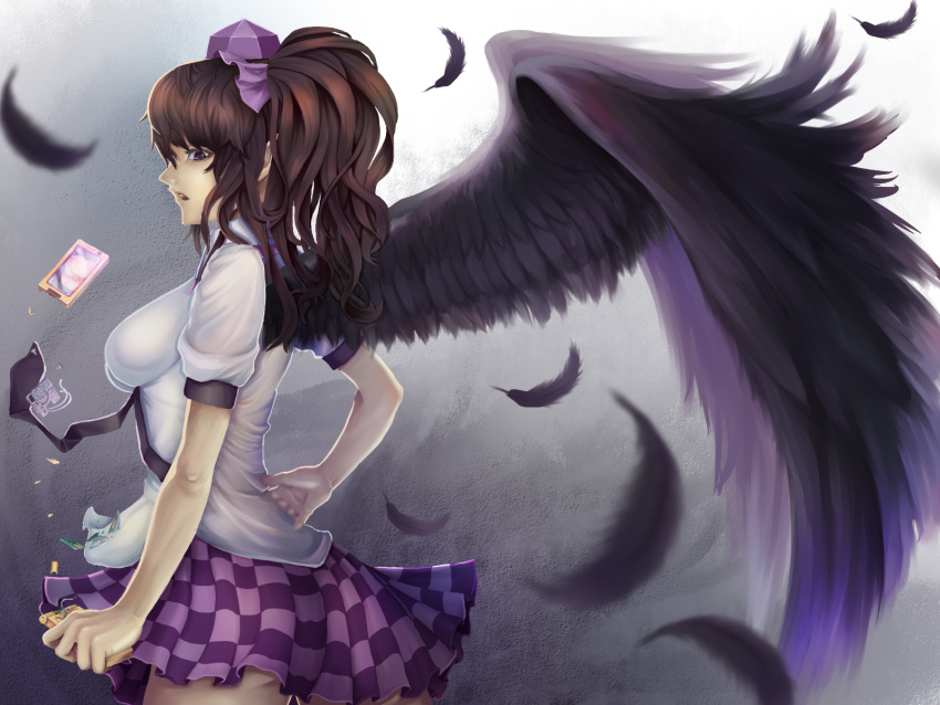 1girl artist_request ass black_wings breasts brown_eyes brown_hair cellphone checkered checkered_skirt collared_shirt feathered_wings feathers from_behind hair_ribbon hand_on_hip hat highres himekaidou_hatate ko-ran long_hair looking_at_viewer looking_back necktie open_mouth phone puffy_short_sleeves puffy_sleeves ribbon shirt short_sleeves skirt solo tie_clip tokin_hat touhou twintails wings