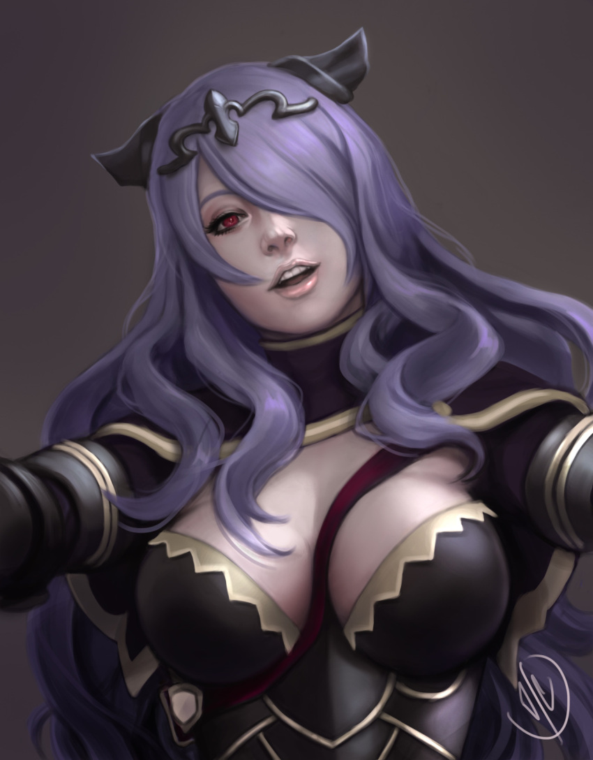 1girl breasts brown_background camilla_(fire_emblem_if) fire_emblem fire_emblem_if hair_over_one_eye highres horns jaeon009 lips long_hair looking_at_viewer open_mouth purple_hair reaching realistic red_eyes signature smile solo strap