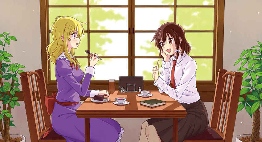 2girls bangs black_skirt blonde_hair blush book bow breasts brown_eyes brown_hair cake chair collared_shirt cup dress eating food friends hair_bow hand_on_own_cheek hand_up holding holding_spoon indoors kannari legs long_hair long_sleeves looking_at_another maribel_hearn multiple_girls necktie no_hat open_mouth plant plate pleated_skirt pointing potted_plant puffy_long_sleeves puffy_sleeves purple_dress ribbon room sash saucer shadow shirt short_hair silhouette sitting skirt sleeves_folded_up smile spoon sugar_cube sunlight table talking tea teacup thighs touhou tree usami_renko violet_eyes white_shirt window