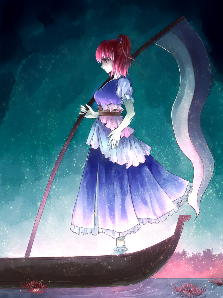 1girl \||/ boat bobby_socks breasts flower full_body hair_ornament hair_ribbon highres holding large_breasts onozuka_komachi profile puffy_short_sleeves puffy_sleeves red_eyes redhead ribbon scythe short_hair short_sleeves skirt socks solo spider_lily standing tauta_(meshia8787) touhou two_side_up water