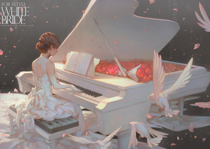 1girl artist_name bird bouquet bride brown_hair closed_eyes copyright_request dress english flower gloves instrument krenz petals piano piano_bench red_rose rose short_hair sitting solo watermark web_address white_dress white_gloves