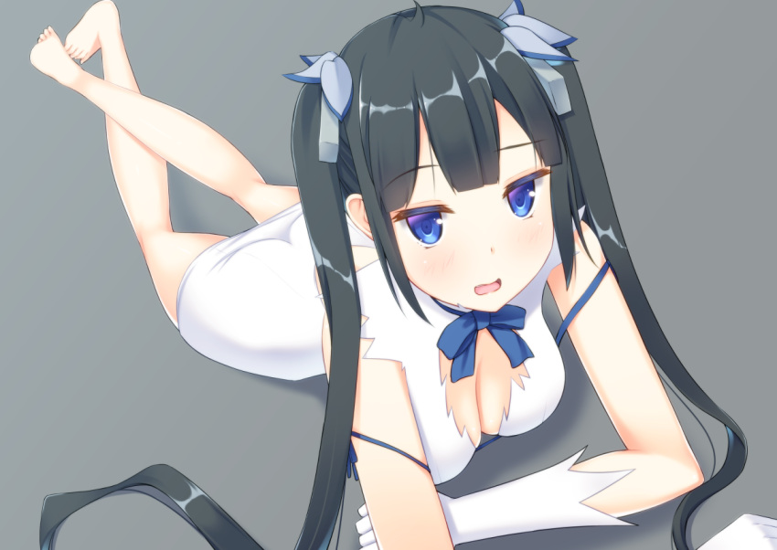 1girl arm_ribbon bare_shoulders barefoot black_hair blue_eyes bow breasts cleavage cleavage_cutout dress dungeon_ni_deai_wo_motomeru_no_wa_machigatteiru_darou_ka gloves grey_background hair_ornament hair_ribbon hestia_(danmachi) large_breasts long_hair looking_at_viewer lying on_floor on_stomach open_mouth rei_no_himo ribbon short_dress simple_background sleeveless sleeveless_dress smile solo takumi1006 twintails white_dress white_gloves