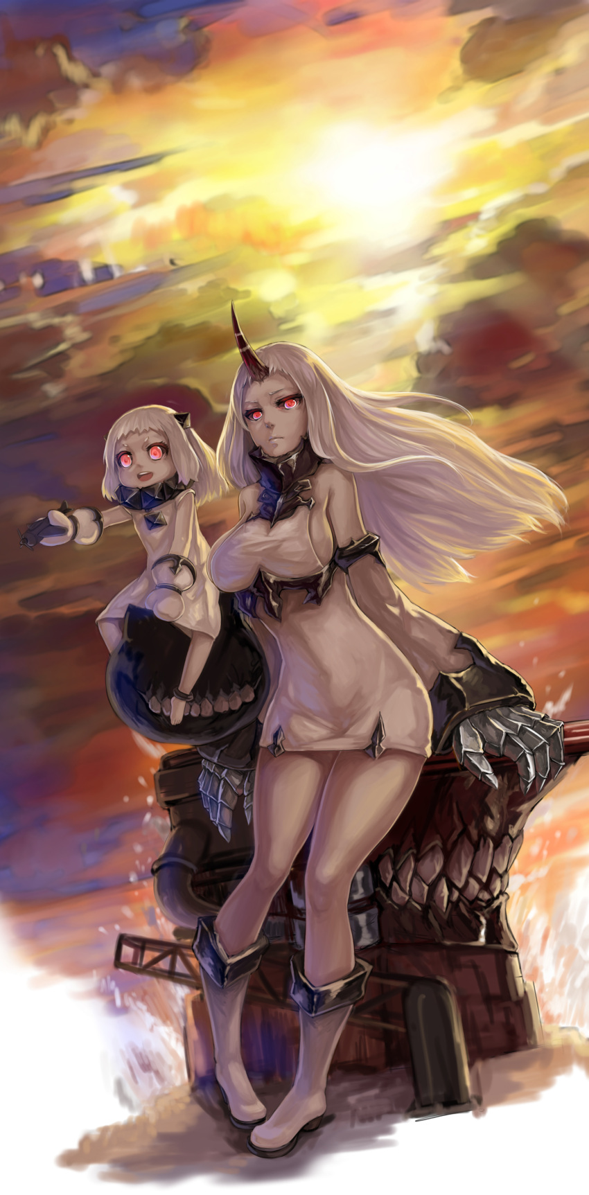 2girls :d absurdres ahoge claws detached_sleeves dress fuuko_chan highres horns kantai_collection long_hair machinery mittens multiple_girls northern_ocean_hime open_mouth red_eyes seaport_hime shinkaisei-kan sitting smile white_dress white_hair white_skin