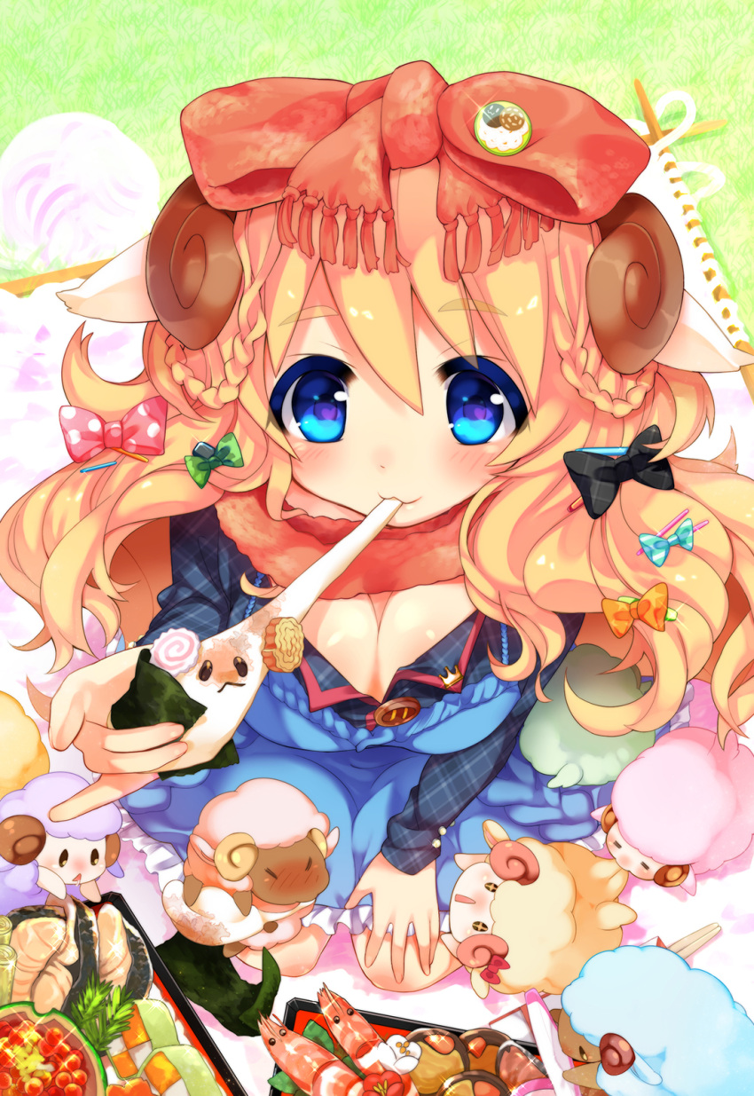 1girl :&lt; :3 animal_ears bangs blonde_hair blue_eyes bow braid breasts cleavage dress food hair_bow hair_ornament hairclip hand_on_own_knee highres horns kamaboko knitting_needle kurimochi_chizuru looking_at_viewer mochi mouth_hold narutomaki needle nengajou original scarf seiza sheep sheep_ears sheep_horns shrimp sitting solo wagashi yarn