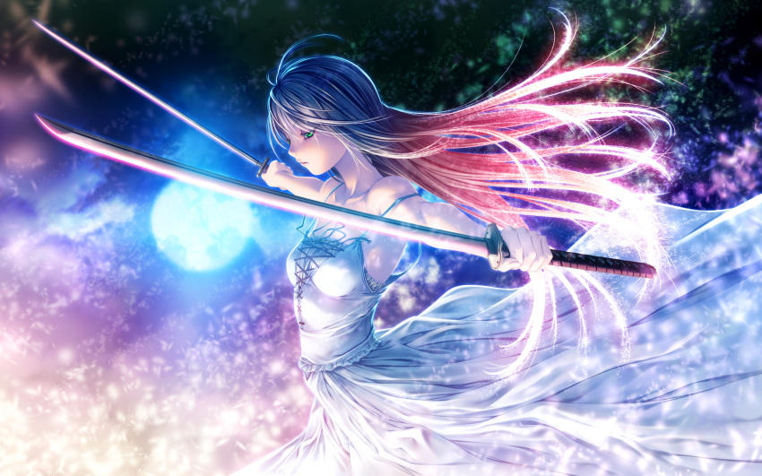 1girl bare_arms bare_shoulders dress dual_wielding green_eyes highres katana long_hair off_shoulder original outstretched_arms rezi silver_hair sleeveless sleeveless_dress solo strap_slip sword very_long_hair weapon white_dress