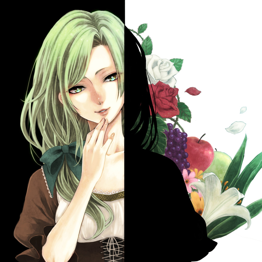 1girl absurdres apple bangs bow brown_dress collarbone cross-laced_clothes dress eyes_visible_through_hair flower food frilled_bow frills fruit grapes green_bow green_eyes green_hair hair_bow hand_on_own_chin head_tilt highres lips long_hair minatsuki_(lapislazzuli169) original parted_lips petals puffy_sleeves red_rose rose smile solo split_image swept_bangs thorns vines white_rose