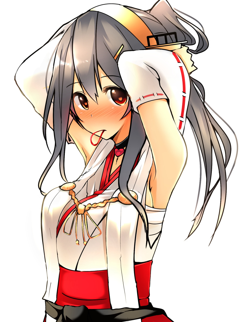 1girl adjusting_hair black_hair brown_eyes collarbone detached_sleeves hair_ornament hairclip hairdressing hand_in_hair haruna_(kantai_collection) heart heart-shaped_pupils highres kantai_collection long_hair looking_at_viewer mouth_hold nontraditional_miko ponytail ribbon-trimmed_sleeves ribbon_trim sarashi simple_background solo symbol-shaped_pupils tsukui_kachou upper_body white_background