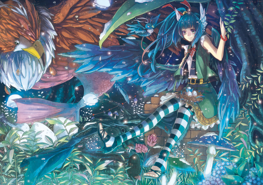 1girl arm_support bangs beak belt belt_buckle bird blue_hair bracelet brick_wall egg fantasy feathers feet fins fish_tail flower frilled_skirt frilled_sleeves frills green_eyes green_skirt green_vest hair_ribbon high_heels high_ponytail highres in_tree jewelry large_wings layered_clothing leaf light_particles log long_hair looking_down minatsuki_(lapislazzuli169) mushroom open_toe_shoes original outstretched_wings pantyhose ribbon sandals scales shirt short_sleeves sitting sitting_in_tree skirt smile snow solo striped striped_legwear tree white_shirt wings