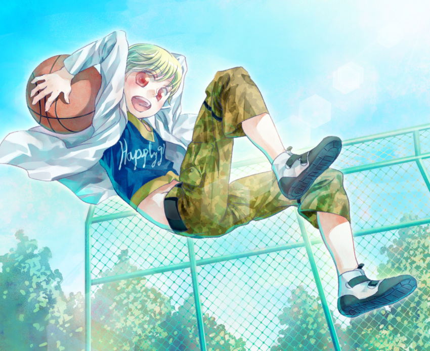 1boy basketball blonde_hair cak_nakatsu child child_gilgamesh fate/hollow_ataraxia fate_(series) gilgamesh hoodie male_focus open_mouth red_eyes short_hair shorts younger