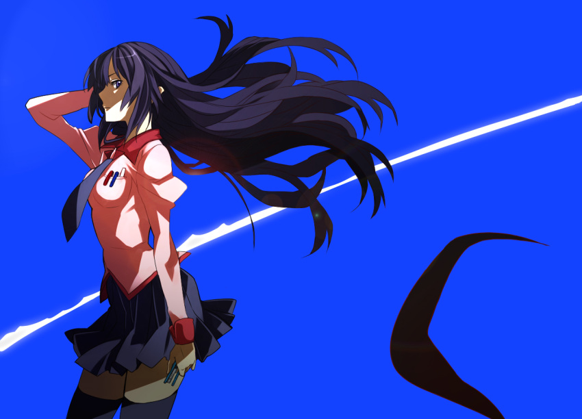 ahoge bakemonogatari blue_eyes monogatari_(series) nanamura necktie purple_hair school_uniform senjougahara_hitagi skirt solo stapler thighhighs twintails wind zettai_ryouiki