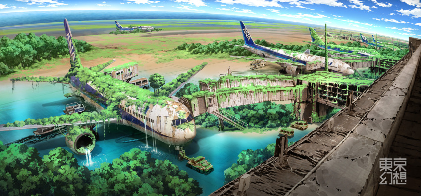 airplane airport car cloud highres landscape motor_vehicle no_humans ocean original overgrown post-apocalyptic ruins scenery sky tokyogenso tree truck vehicle water