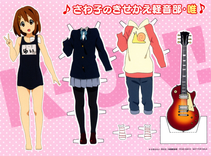 1girl barefoot brown_eyes brown_hair gibson green_eyes guitar hair_ornament hairclip highres hirasawa_yui instrument jeans k-on! les_paul official_art one-piece_swimsuit open_mouth pantyhose paper_doll raglan_sleeves scan school_swimsuit school_uniform short_hair skirt socks solo sweater swimsuit v