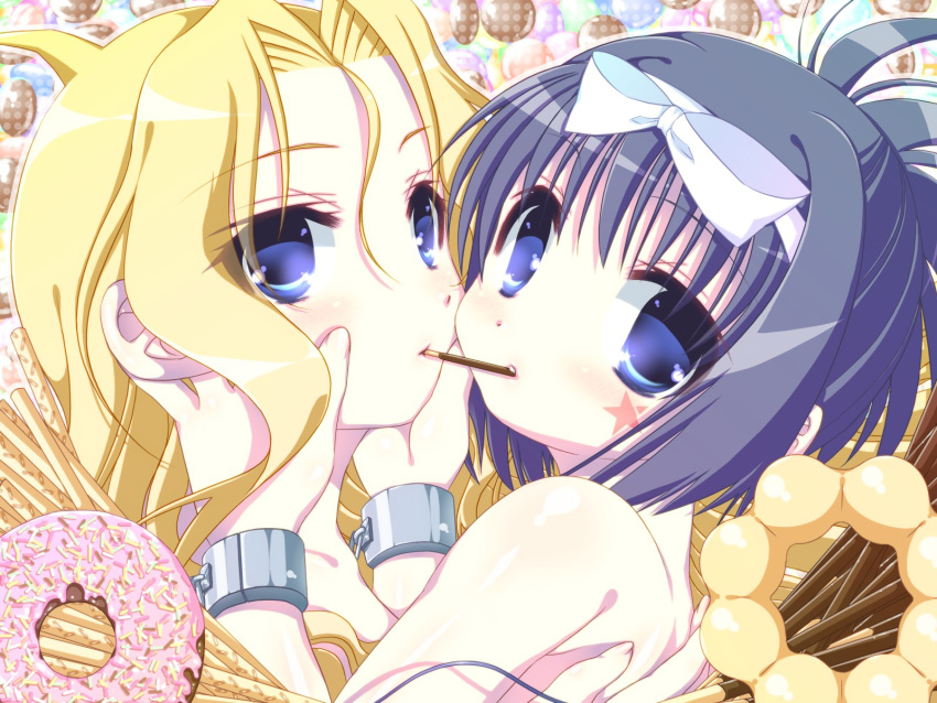 2girls ahoge black_hair blonde_hair blue_eyes bow cuffs doughnut hair_bow highres kunihiro_hajime long_hair manacles multiple_girls nude pocky pocky_kiss ryuumonbuchi_touka saki shared_food tamakura_kaho yuri