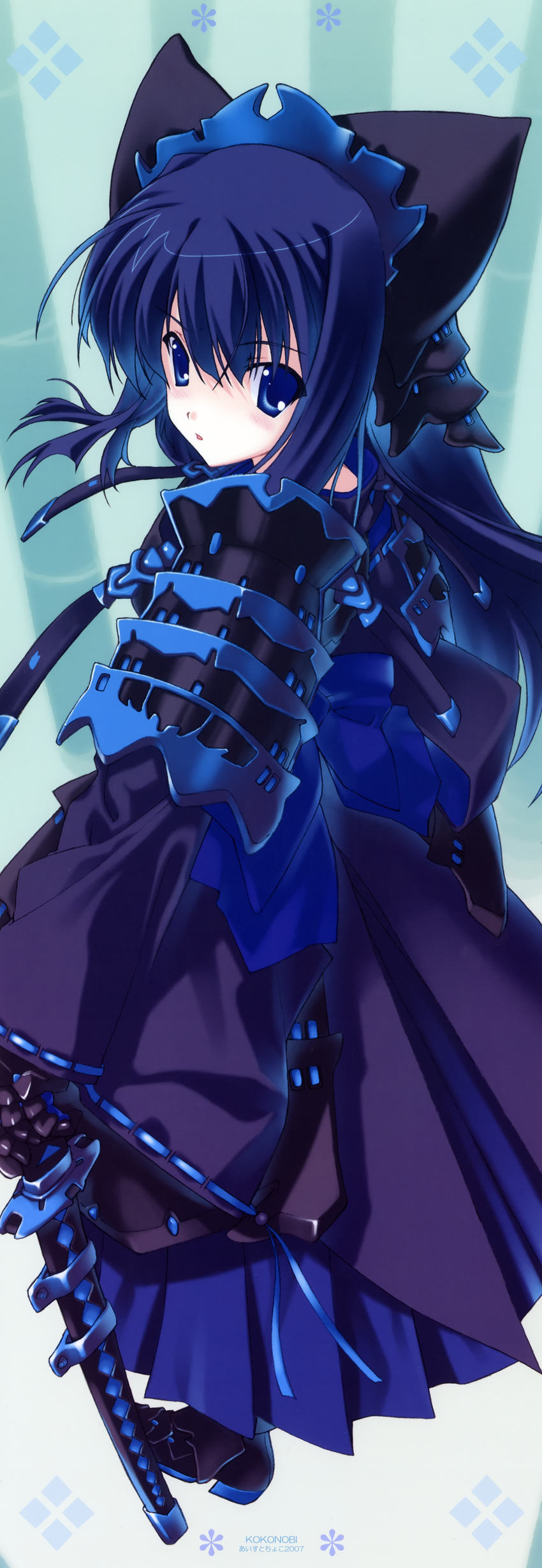 armor blue_eyes blue_hair bow catgirl female highres kokonobi long_hair nekomimi ribbon solo sword weapon