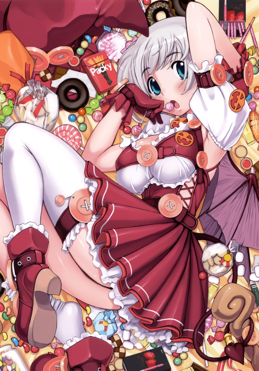 absurdres blue_eyes boots breasts candy checkerboard_cookie chocolate chocolate_bar collar cookie demon_tail demon_wings doughnut food gloves highres jack-o'-lantern jar jelly_bean kei_jiei lollipop lying on_side pocky pumpkin sweets swirl_lollipop tail thigh-highs thighhighs trick_or_treat white_hair white_legwear wings