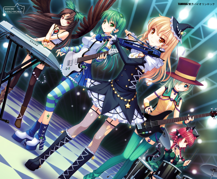 asymmetrical_clothes bad_id band bass_guitar blonde_hair boots braid brown_hair cat_ears drum drum_set earrings electric_violin fingerless_gloves fishnets gloves green_hair guitar hair_over_one_eye hat instrument jewelry kaenbyou_rin keyboard_(instrument) kirisame_marisa knee_boots kochiya_sanae komeiji_koishi mismatched_footwear music nail_polish red_hair reiuji_utsuho sayori star striped striped_gloves thigh-highs thighhighs top_hat torn_clothes torn_thighhighs touhou violin wings