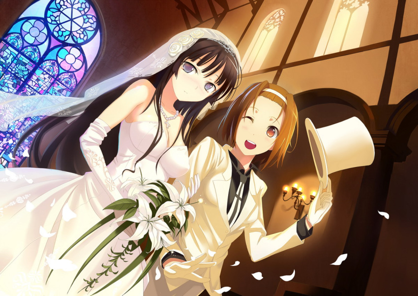 akiyama_mio bangs bare_shoulders black_eyes black_hair blunt_bangs blush bouquet breasts bride brown_hair cleavage dress dutch_angle elbow_gloves flower formal gloves hairband happy hat hat_tip hime_cut jewelry k-on! long_hair multiple_girls necklace open_mouth pant_suit short_hair smile stained_glass strapless_dress suit tainaka_ritsu top_hat wedding wedding_dress white_gloves wink yunohara_konomi yuri
