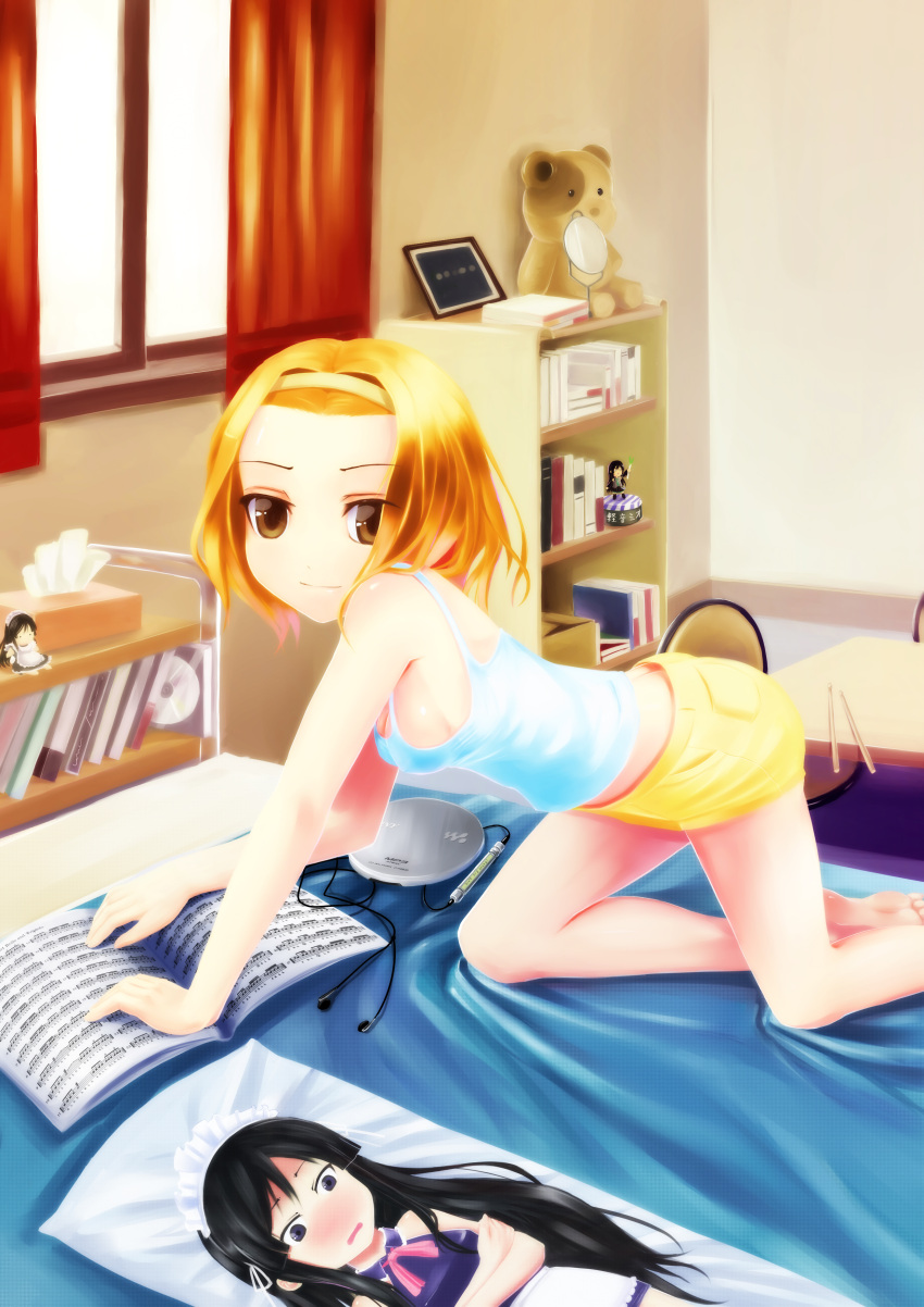 1girl absurdres akiyama_mio akiyama_mio_(cameo) apron bad_id barefoot blue_eyes blush book breasts brown_eyes brown_hair cameo cd_player character_doll cleavage cosplay dakimakura_(object) doll drumsticks earbuds figure hairband hatsune_miku hatsune_miku_(cosplay) highres k-on! long_hair maid maid_headdress majicjiang necktie pillow sheet_music short_hair skirt solo spring_onion stuffed_animal stuffed_toy tainaka_ritsu tank_top teddy_bear vocaloid walkman