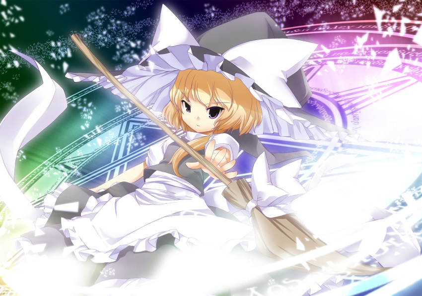 blonde_hair broom hat highres kirisame_marisa magic_circle purple_eyes shiratama_dango short_hair solo touhou witch witch_hat