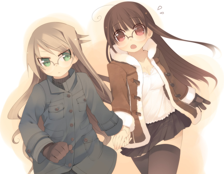 :&lt; ahoge arima_senka arima_senne bad_id brown_eyes brown_hair coat glasses gloves green_eyes holding_hands kashiwamochi_yomogi long_hair multiple_girls original skirt thigh-highs thighhighs