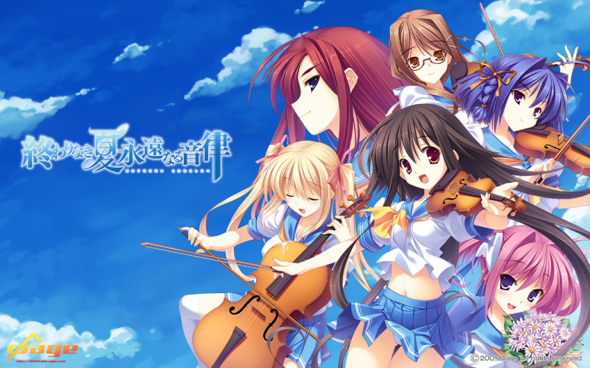 amamiya_kanon glasses himukai_kyousuke instrument koshino_karen lieselotte_schreiber oogami_ritsuko orihara_ai owarinaki_natsu_towa_naru_shirabe seifuku sky takanashi_mio