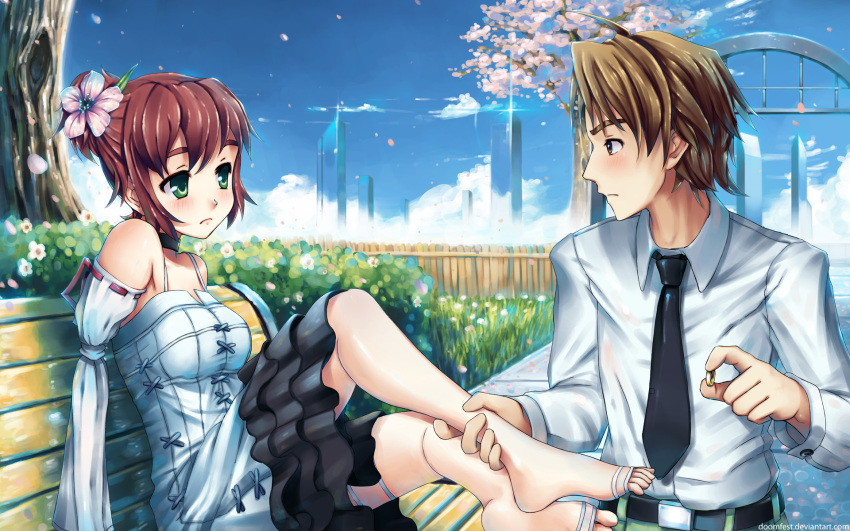 alternate_hairstyle amputee barefoot bench blush brown_hair cherry_blossoms choker detached_sleeves doomfest dress feet flower good_end green_eyes hair_flower hair_ornament hair_up highres holding_another's_foot jewelry katawa_shoujo nakai_hisao no_arms proposal ring sitting tezuka_rin wallpaper