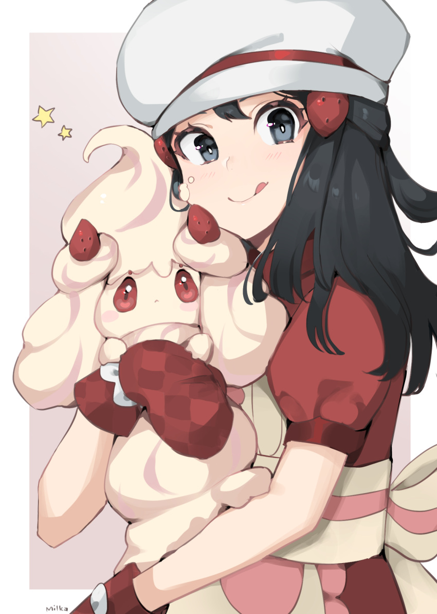 1girl :q alcremie alcremie_(strawberry_sweet) apron artist_name black_hair border bright_pupils chef_hat closed_mouth dawn_(palentine's_2021)_(pokemon) dress eyelashes grey_eyes hair_ornament hairclip hat highres hikari_(pokemon) holding holding_pokemon light_blush long_hair milka_(milk4ppl) official_alternate_costume outside_border oven_mitts pokemon pokemon_(creature) pokemon_(game) pokemon_masters_ex red_dress red_mittens short_sleeves sidelocks smile star_(symbol) tongue tongue_out white_border