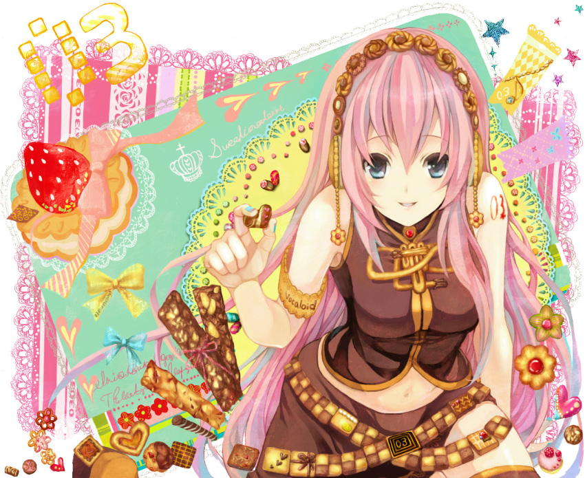 blue_eyes candy checkerboard_cookie cookie food food_as_clothes food_themed_clothes fruit headphones long_hair megurine_luka midriff navel pink_hair smile strawberry thighhighs vocaloid