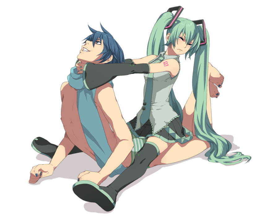 barefoot bdsm blue_eyes blue_hair blush closed_eyes detached_sleeves girl_on_top hatsune_miku kaito long_hair lying nayu necktie on_stomach panties scarf short_hair simple_background sitting skirt smile strangling striped striped_panties tears thighhighs twintails underwear vocaloid white zettai_ryouiki