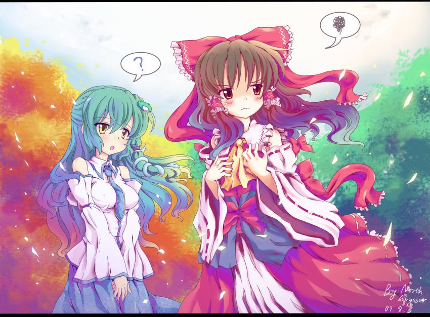 ? abyss_of_parliament annoyed blush bow breast_envy breasts brown_eyes brown_hair detached_sleeves frog frown gradient_hair green_hair hair_bow hair_ornament hakurei_reimu highres impossible_clothes impossible_shirt kochiya_sanae large_bow long_hair multicolored_hair multiple_girls necktie north_abyssor petals ribbon ribbons shirt short_hair snake tears touhou tree v_arms yellow_eyes