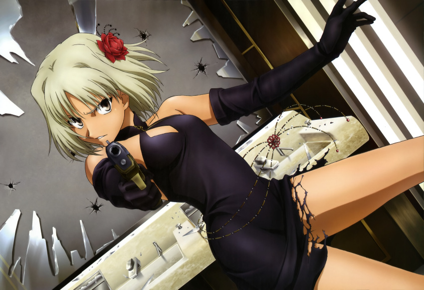 1girl 428 absurdres bare_shoulders bathroom brown_eyes canaan canaan_(character) cleavage_cutout dark_skin dress dutch_angle elbow_gloves flower gloves gun hair_flower hair_ornament highres nyantype pistol short_hair sink solo torn_clothes weapon