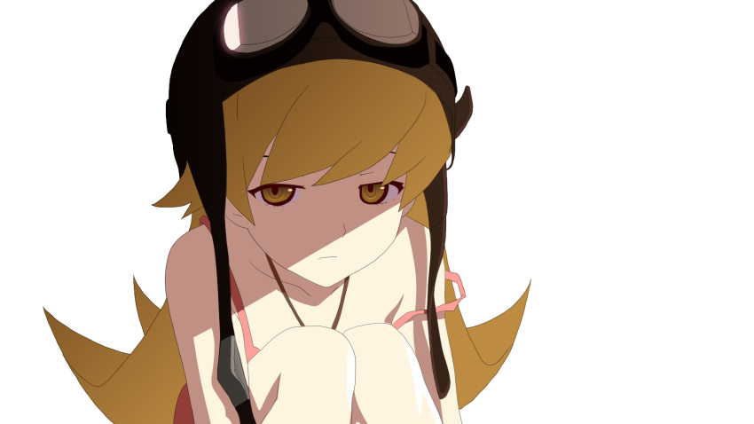 1girl bad_id bakemonogatari blonde_hair goggles helmet highres jewelry kuresu_(alice-pma) long_hair monogatari_(series) necklace oshino_shinobu shade simple_background solo strap_slip vector vector_trace white yellow_eyes