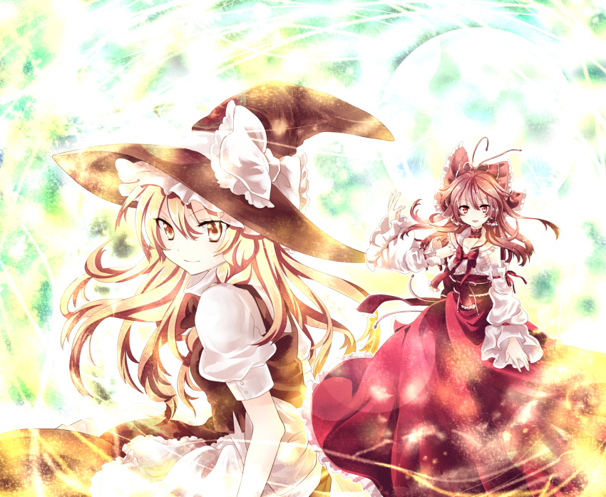 apron arm_up blonde_hair bow bowtie braid brown_hair choker detached_sleeves embellished_costume frills hair_bow hakurei_reimu hat highres kirisame_marisa large_bow long_hair looking_back multiple_girls obi red_eyes riichu side_braid smile touhou tsurime witch_hat yellow_eyes