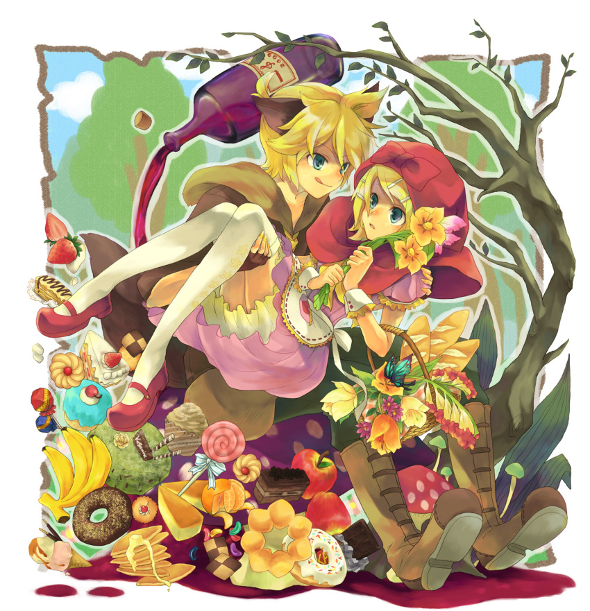 animal_ears aqua_eyes bad_id banana big_bad_wolf big_bad_wolf_(cosplay) big_bad_wolf_(grimm) bin_(pixiv) blonde_hair boots bottle butterfly cake candy checkerboard_cookie cookie cosplay dog_ears doughnut dress flower food fruit grimm's_fairy_tales hair_ornament hairclip hana_(mew) highres holding kagamine_len kagamine_rin little_red_riding_hood little_red_riding_hood_(cosplay) little_red_riding_hood_(grimm) pastry short_hair smile tail thigh-highs thighhighs tongue tulip vocaloid wolf_ears