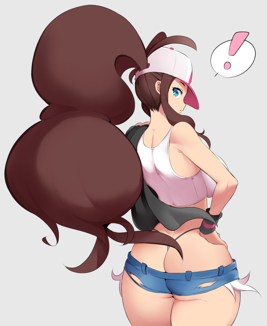 ! 1girl aqua_eyes ass back black_legwear breasts brown_hair butt_crack commentary_request curly_hair denim denim_shorts grey_background hand_on_hip high_ponytail highres hilda_(pokemon) holding holding_towel large_breasts looking_at_viewer looking_back nac000 pokemon pokemon_(game) pokemon_bw short_shorts shorts simple_background solo spoken_exclamation_mark sports_bra standing thighs thong towel white_sports_bra