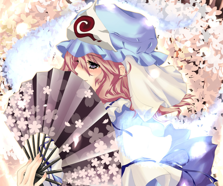 fan hat non0w0 pink_hair purple_eyes saigyouji_yuyuko short_hair touhou violet_eyes