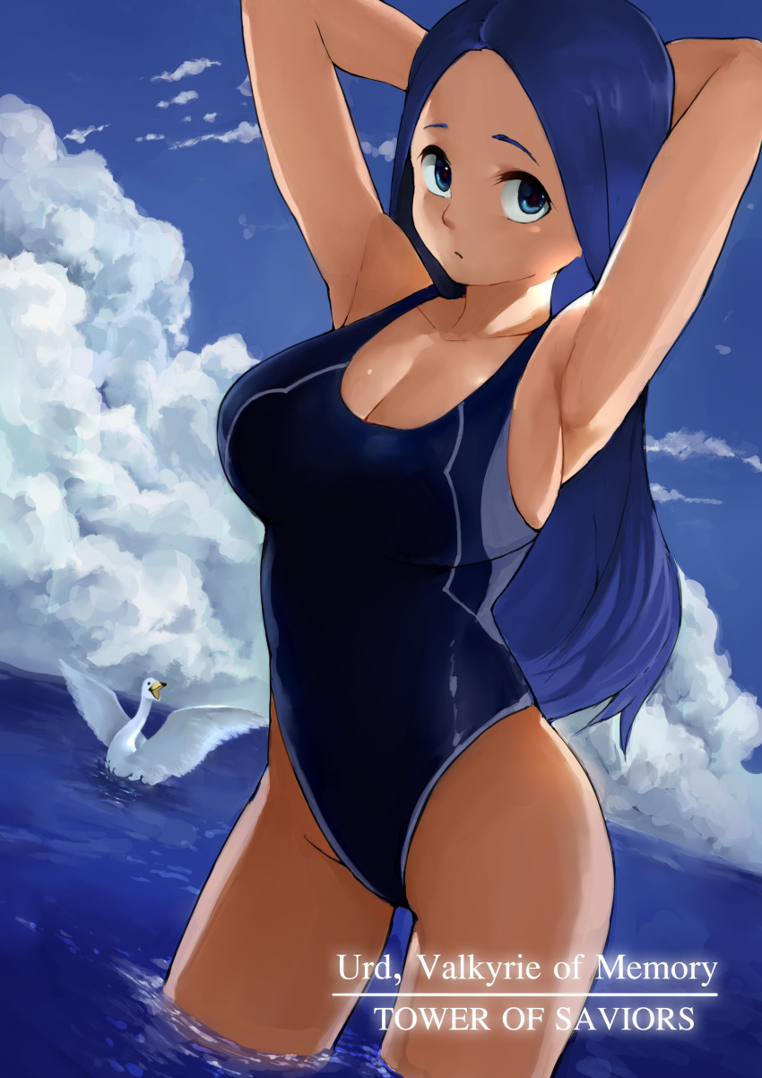 1235 1girl :/ absurdres armpits arms_behind_back arms_up bird blue_eyes blue_hair blue_swimsuit breasts character_name cleavage clouds competition_swimsuit copyright_name cowboy_shot day dutch_angle english highleg highleg_swimsuit highres large_breasts long_hair looking_at_viewer ocean one-piece_swimsuit outdoors sideboob sky standing swan swimsuit tower_of_saviors urd_(tower_of_saviors) very_long_hair wading water