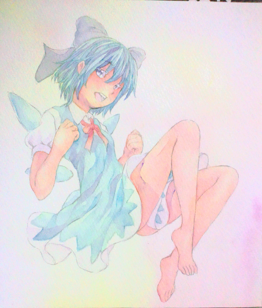1girl barefoot blue_eyes blue_hair bow cirno clenched_hands full_body hair_bow highres ice ice_wings looking_at_viewer open_mouth pink_background puffy_short_sleeves puffy_sleeves short_hair short_sleeves smile solo touhou traditional_media watercolor_(medium) wings yuyu_(00365676)