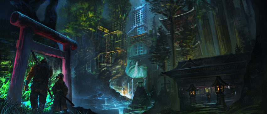 2boys architecture east_asian_architecture emuson forest highres katana multiple_boys nature night original scenery stone_lantern sword tower tree water waterfall weapon
