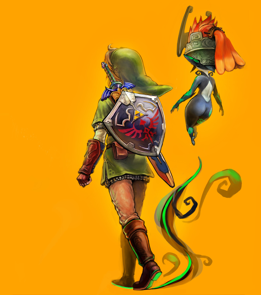 1boy 1girl absurdres blonde_hair butiboco highres link midna pointy_ears redhead shield the_legend_of_zelda weapon