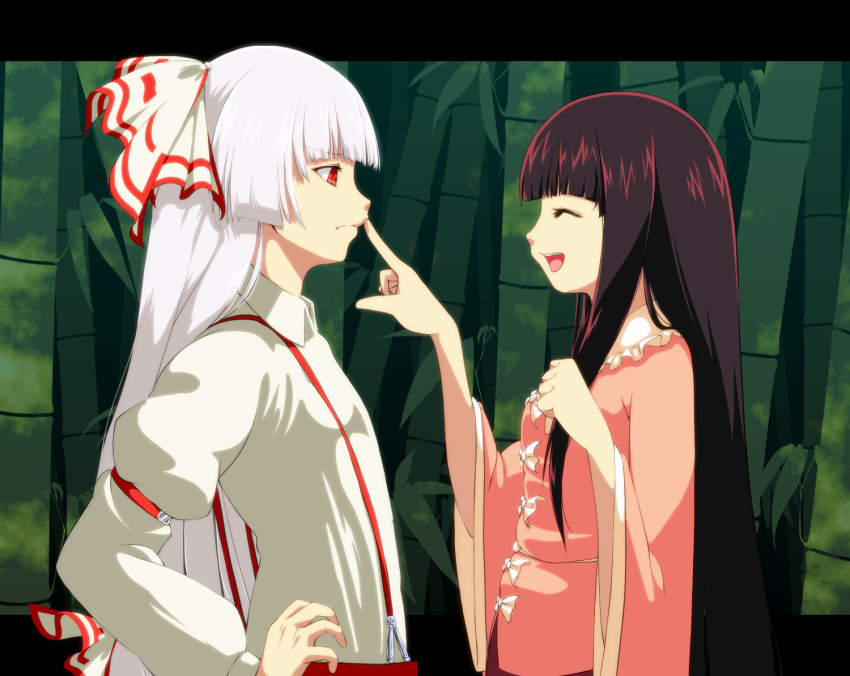 2girls bamboo bamboo_forest black_hair clenched_hand closed_eyes finger_to_another's_mouth forest fujiwara_no_mokou hair_ribbon hand_on_hip hime_cut houraisan_kaguya long_hair long_sleeves looking_at_another multiple_girls nature open_mouth payot profile red_eyes ribbon sugiura_rippu suspenders touhou very_long_hair white_hair