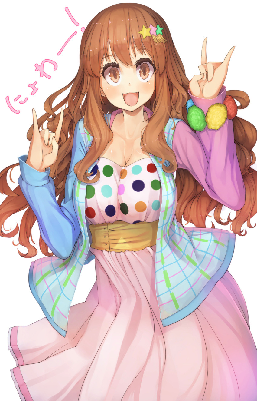 :3 blush breasts brown_eyes brown_hair catchphrase cleavage colorful curly_hair dress hair_ornament hand_gesture highres idolmaster idolmaster_cinderella_girls large_breasts long_hair moroboshi_kirari open_mouth oruka_(kamituki0827) pink_dress polka_dot simple_background smile star_hair_ornament white_background