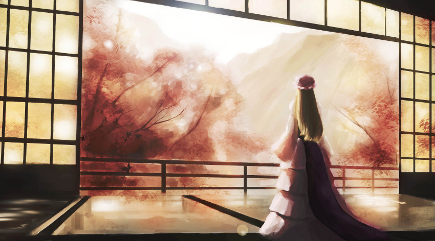 1girl absurdres blonde_hair dress from_behind highres indoors light_particles long_hair mob_cap mountain open_door reflection solo tabard tatami touhou tree white_dress y.sike yakumo_yukari