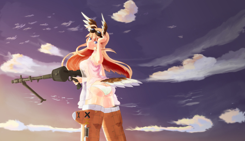 1girl clouds flying goggles gun hanna-justina_marseille head_wings highres looking_at_viewer machine_gun panties solo strike_witches striker_unit tail underwear weapon